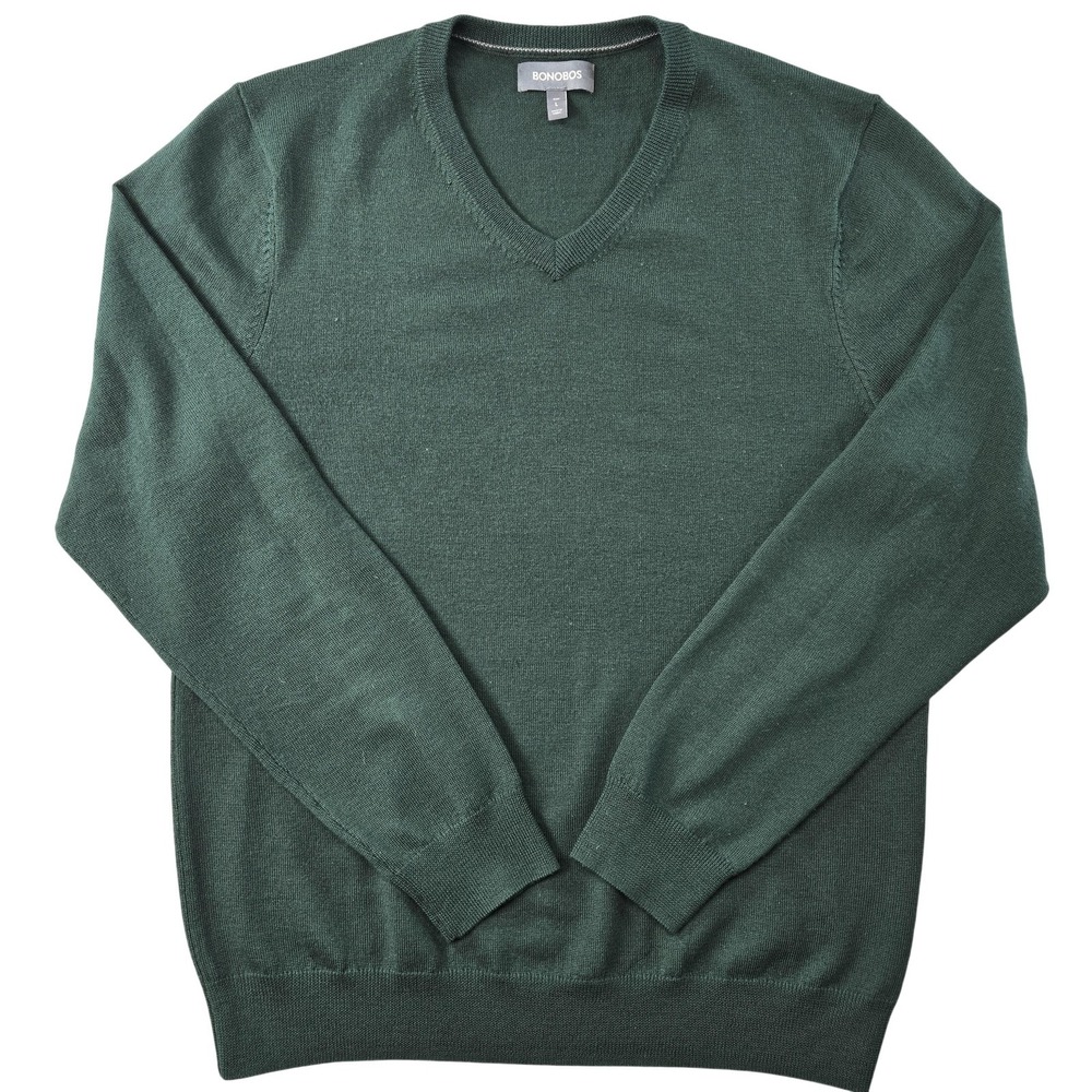 Bonobos‎ Sweater Mens L Green V-Neck Pullover Slim Fit Merino Wool Lightweight